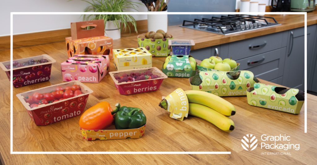 Fiber-based packaging for fresh produce on kitchen counter